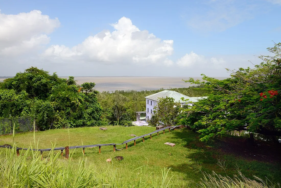 Terrain en pente avec pelouse et maison en construction surplombant la forêt et l'estuaire, vu depuis le Mont Cépérou à Cayenne en Guyane