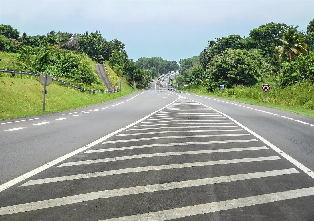 Route nationale en Guadeloupe bordée de végétation tropicale, avec marquage au sol et panneaux de limitation de vitesse