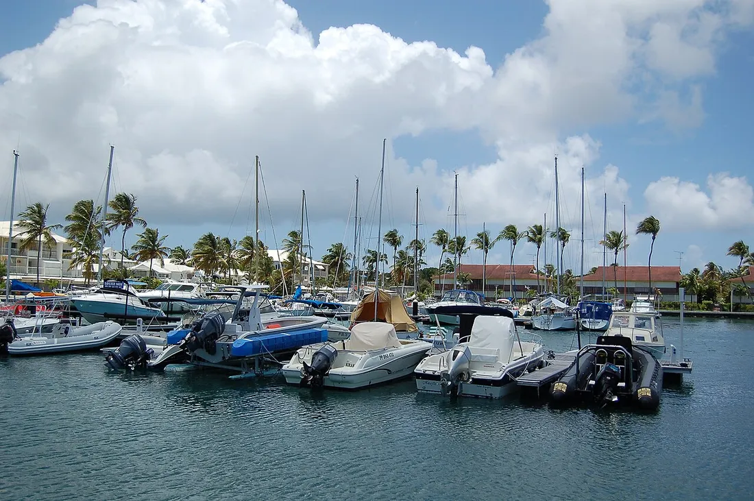 La marina de Saint-François en Guadeloupe avec ses bateaux de plaisance et ses cocotiers, lieu animé pendant les festivals et la saison touristique