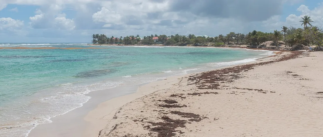 La plage des Raisins Clairs à Saint-François, lagon turquoise, sable blanc et résidences de villégiature en arrière-plan