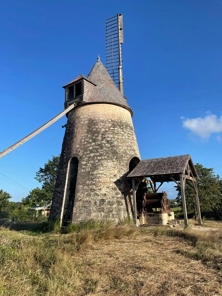 Le moulin de Bézard, ancien moulin à vent en pierre restauré de Marie-Galante, avec ses ailes dressées sous un ciel bleu