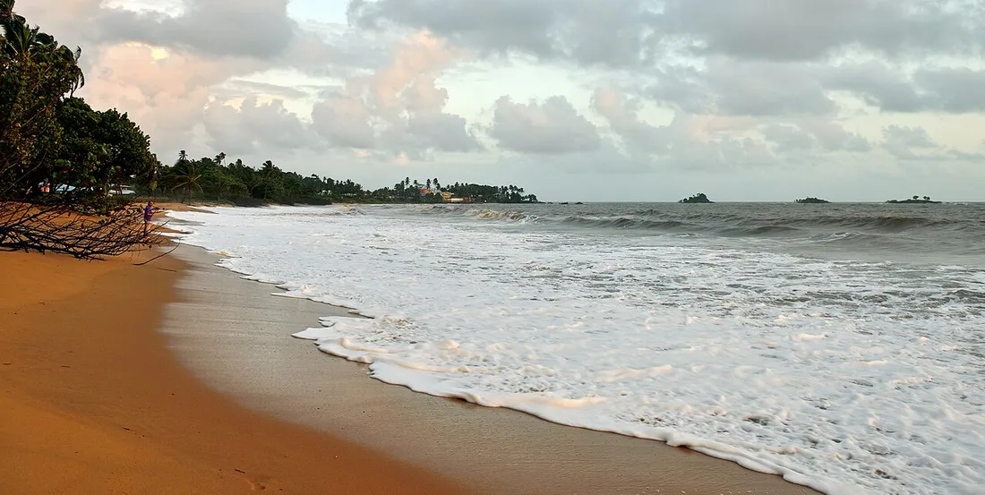 Plage de l'Anse de Montabo à Cayenne, longue étendue de sable doré et écume des vagues sur une mer brune chargée d'alluvions amazoniennes