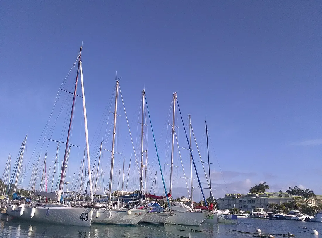 Voiliers amarres dans la marina du Gosier en Guadeloupe sous un ciel bleu, illustrant l'activite nautique et la frequentation touristique
