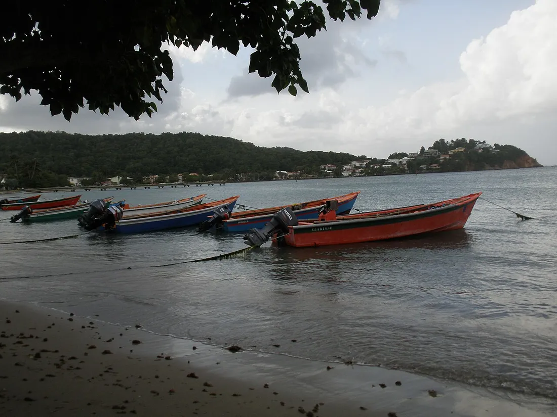Barques de pêche colorées échouées sur la plage du bourg de Tartane, côté Atlantique en Martinique