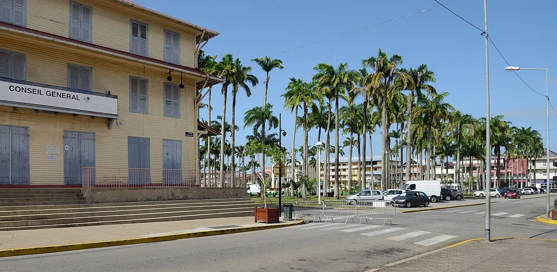 Place des Palmistes à Cayenne avec ses palmiers royaux et le bâtiment colonial en bois du Conseil Général
